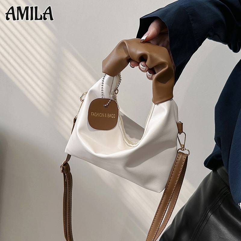 amila-กระเป๋าถือ-กระเป๋าสะพายไหล่-แบบหนัง-แต่งจับจีบ-สีพื้น-แฟชั่นเรียบง่าย-สไตล์เกาหลี-สําหรับสตรี