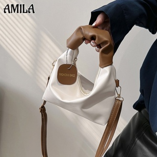 Amila กระเป๋าถือ กระเป๋าสะพายไหล่ แบบหนัง แต่งจับจีบ สีพื้น แฟชั่นเรียบง่าย สไตล์เกาหลี สําหรับสตรี