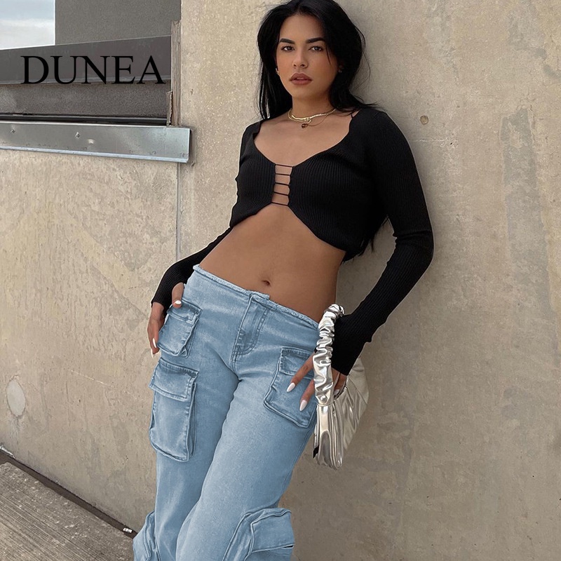 dunea-กางเกงยีนส์คาร์โก้-หลายกระเป๋า-แฟชั่นสําหรับผู้หญิง