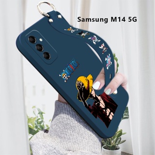 สําหรับ Samsung Galaxy M14 M33 M53 5G เคสโทรศัพท์มือถือซิลิโคน กันกระแทก ป้องกันกล้อง ลายการ์ตูนลูฟี่ พร้อมสายรัดข้อมือ
