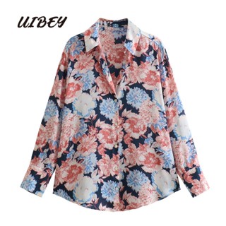 Uibey เสื้อเชิ้ตแขนยาว คอปก ผ้าซาติน พิมพ์ลายดอกไม้ แฟชั่นสตรี 9696