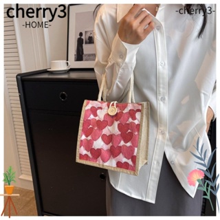 Cherry3 กระเป๋าใส่กล่องอาหารกลางวัน ผ้าลินิน มีซิป รูปหัวใจ สําหรับเด็กผู้หญิง