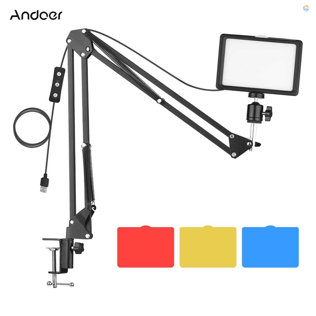 fsth-andoer-ชุดไฟประชุมวิดีโอ-usb-พร้อมไฟวิดีโอ-led-1-ดวง-หรี่แสงได้-5600k-1-ชิ้น-ขาตั้งไฟโลหะ-1-ชิ้น-และ-360-ชิ้น-อะแดปเตอร์หัวบอล-หมุนได้-และฟิลเตอร์สี-4-ชิ้น