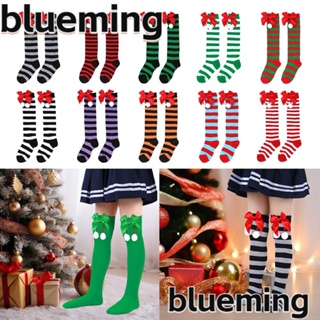 Blueming2 ถุงเท้าโพลีเอสเตอร์ ลายคริสต์มาส ประดับโบว์ ป้องกันการเสียดสี สําหรับเด็ก