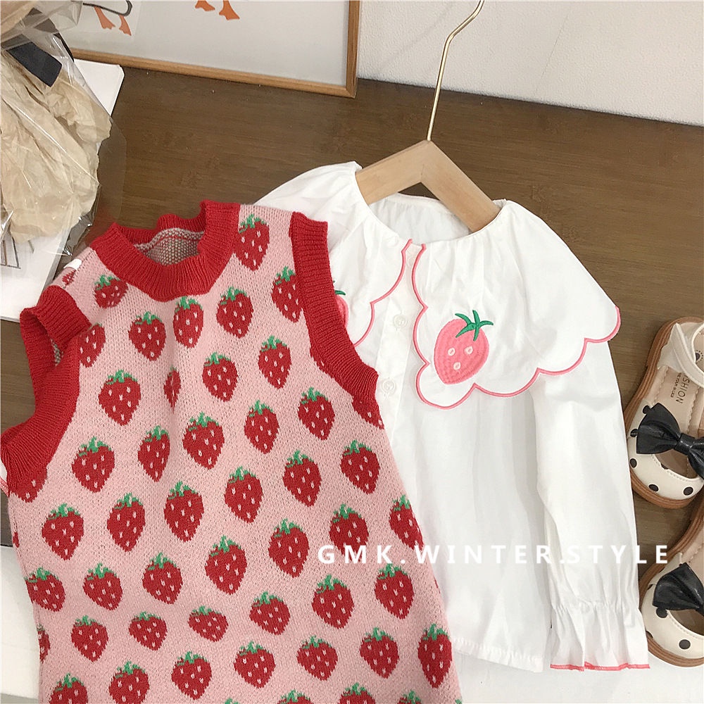 2023-spring-new-korean-childrens-wear-girls-lovely-strawberry-lapel-shirt-foreign-style-knitted-vest-dress-trend