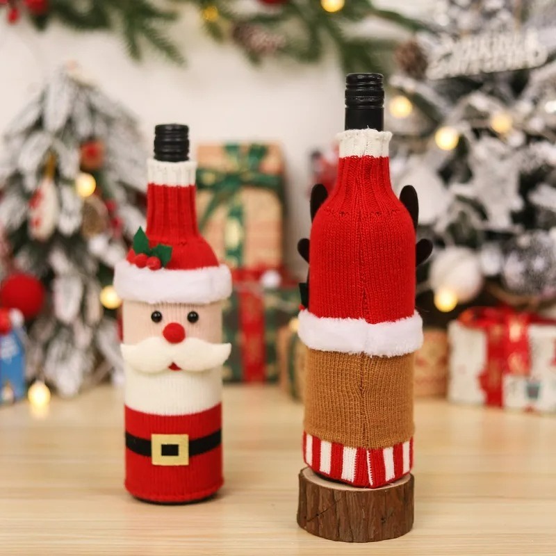การ์ตูน-ซานตาคลอส-ถัก-ที่ครอบขวดแชมเปญ-เครื่องประดับคริสต์มาส-ที่ครอบขวดไวน์-โต๊ะ-แต่งตัว-ตกแต่งห้องครัว