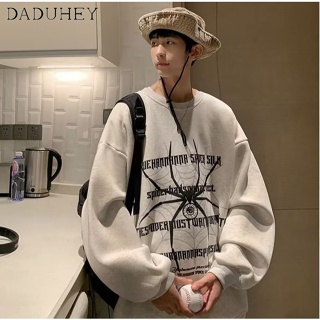 DaDuHey🔥 American Style Fashion Brand Thin All-Matching round Neck Sweater Mens 2023 Fashion Loose Spider Print Long Sleeve Top