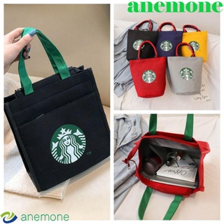 Anemone กระเป๋าถือ ผ้าแคนวาส พิมพ์ลาย Starbucks แบบพกพา สไตล์เกาหลี สําหรับใส่กล่องอาหารกลางวัน และกาแฟ