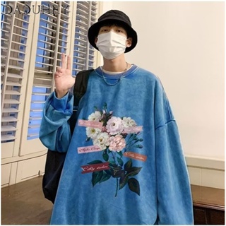 DaDuHey🔥 Mens 2023 New Spring and Autumn Hong Kong Style Loose Personalized Printing Long Sleeve Top Ins Retro Fashion Brand All-Matching Washed round Neck Sweater