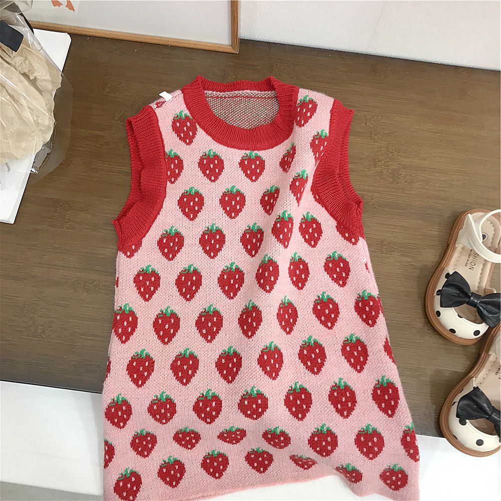 2023-spring-new-korean-childrens-wear-girls-lovely-strawberry-lapel-shirt-foreign-style-knitted-vest-dress-trend