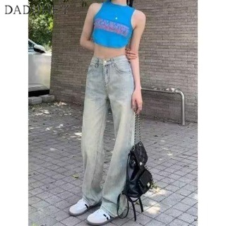 DaDuHey🎈 Womens Autumn New American-Style Distressed Yellow Mud Jeans Womens High Street Straight Loose All-Matching Pants