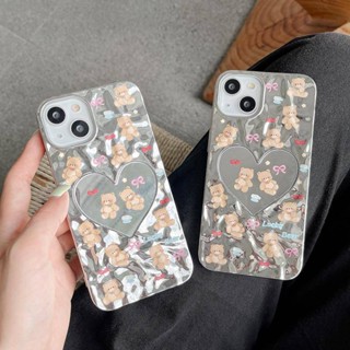 เคสโทรศัพท์มือถือ ซิลิโคนนิ่ม ชุบไฟฟ้า ลายการ์ตูนหมีเชอร์รี่น่ารัก พร้อมกระจก สําหรับ iPhone 15 pro max 14 pro 13 pro max 12 pro 11