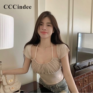 Cccindee ใหม่ เสื้อยืดลําลอง แขนสั้น เข้ารูป สีพื้น เซ็กซี่ แฟชั่นสําหรับสตรี 2023