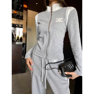 GCKB CEL 23 autumn and winter New White Ribbon stitching college style sports suit womens letter embroidered coat casual pants