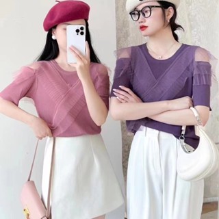 [4 สี] เสื้อยืดลําลอง คอกลม แขนสั้น ผ้าถัก ปักลายลูกไม้ สีพื้น เหมาะกับฤดูร้อน ฤดูใบไม้ร่วง สําหรับผู้หญิง