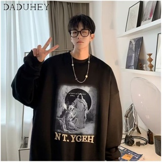 DaDuHey🔥 Mens Spring and Autumn Fashion Loose Spider Print round Neck Long Sleeve Top 2023 Hong Kong Style Vintage Fashion Brand Thin All-Matching Sweater