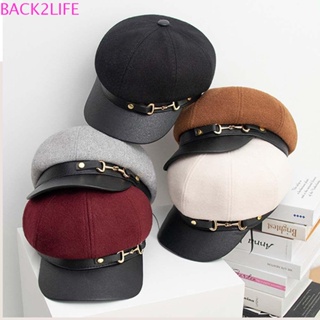 Back2life หมวกเบเร่ต์ ปีกกว้าง หวาน เชือกรูด เรียบง่าย สีดํา สีแดง หมวกจิตรกร สีพื้น หัวเข็มขัดโลหะ ปรับได้ สีกากี กาแฟ สไตล์เกาหลี หมวก