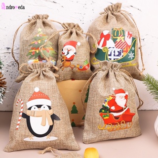 ถุงของขวัญ ถุงขนมคุกกี้ ผ้าลินิน ลายคริสต์มาส ซานตาคลอส สโนว์แมน กวาง เพนกวิน น่ารัก แบบหูรูด สําหรับปาร์ตี้ปีใหม่