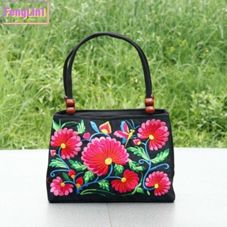 Fengling กระเป๋าถือ ผ้าแคนวาสถัก ปักลายดอกไม้ จุของได้เยอะ แฟชั่นสําหรับสตรี