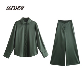 Uibey เสื้อเชิ้ต ผ้าไหมซาติน คอปก พร้อมกางเกง แฟชั่น 9737