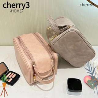 Cherry3 กระเป๋าเครื่องสําอาง กระเป๋าหนัง มีซิปคู่ กันน้ํา ทนทาน จุของได้เยอะ สไตล์เรโทร สําหรับเดินทาง