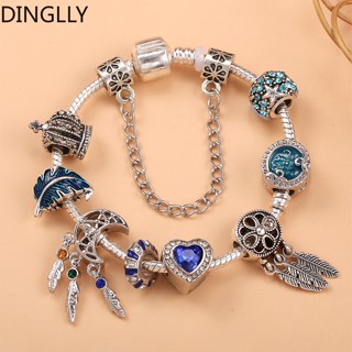 Dinglly สร้อยข้อมือ ลูกปัด ขนนก มงกุฎ และหัวใจ สีฟ้า สีเงิน สําหรับผู้หญิง