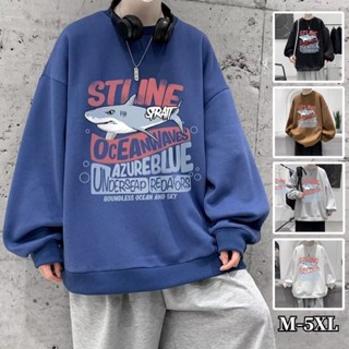 เสื้อกันหนาวแขนยาวลําลอง ขนาดใหญ่ ลายฉลาม สไตล์เกาหลี แฟชั่นสําหรับผู้ชาย