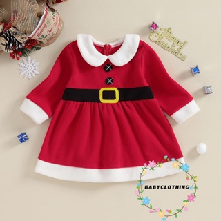 Babyclothes- ชุดเดรสแขนยาว คอตุ๊กตา ผ้ากํามะหยี่ขนนิ่ม ลายคริสต์มาส สีแดง สําหรับเด็กผู้หญิง