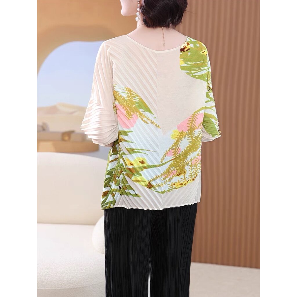 2muay-รุ่น-pp61933-collar-printed-pleat-top-เสื้อผู้หญิง-เสื้อพลีทคุณภาพ-4สี-free-size