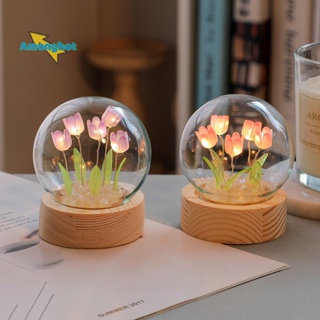 Amonghot&gt; โคมไฟแก้วคริสตัล LED รูปดอกทิวลิป ขนาดเล็ก ของขวัญวันเกิด งานแต่งงาน ปาร์ตี้วาเลนไทน์ สําหรับตกแต่งบ้าน ห้องนอน