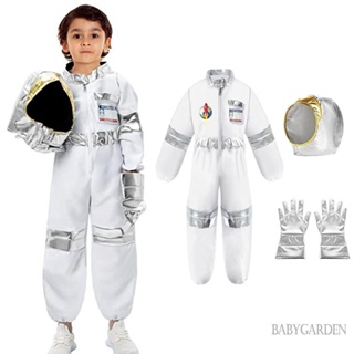 Baga-4-12 ปี เด็ก นักบินอวกาศ คอสเพลย์ เครื่องแต่งกาย ฮาโลวีน จั๊มสูท ยาว + หมวก + ถุงมือตรา สําหรับสวมบทบาท ปาร์ตี้