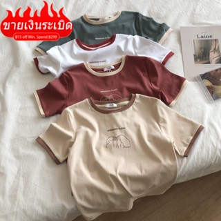 เสื้อยืดแขนสั้นลําลอง เข้ารูป บล็อกสี แฟชั่นฤดูร้อน สไตล์เกาหลี สําหรับผู้หญิง และนักเรียน