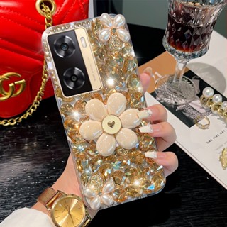 เคส Oppo A98 A78 5G A77s A58 A17 A17K A57 2022 A78 5G A96 A76 A95 A95 A74 5G A54 โทรศัพท์มือถือ ลายดอกไม้ ดอกกุหลาบ 3D ประดับพลอยเทียม แวววาว พร้อมขาตั้ง สําหรับ