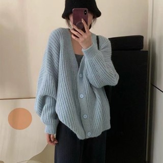 เสื้อคาร์ดิแกนกันหนาว แขนทรงค้างคาว ผ้าวูล แบบหนา ทรงหลวม แฟชั่นฤดูใบไม้ร่วง สําหรับผู้หญิง G4KI