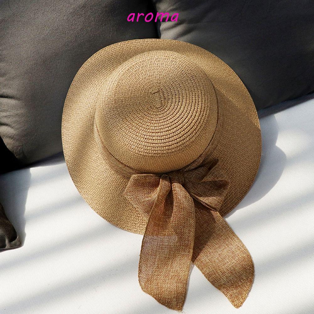 aroma-หมวกฟางแฟชั่น-กลางแจ้ง-พับได้-ที่บังแดด-โบริบบิ้น-กันแดด-หมวกชายหาด-หมวกสาน-แฮนด์เมด