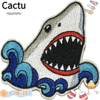 Cactu แผ่นแพทช์ ปักลายฉลาม สีขาว 3.2*3.8 นิ้ว สําหรับกระเป๋าเป้สะพายหลัง 4 ชิ้น
