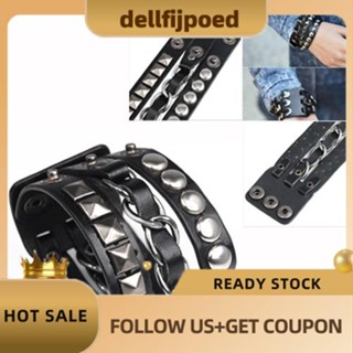 【dellfijpoed】สร้อยข้อมือหนัง ประดับหมุด หลายชั้น สไตล์พังก์ร็อค