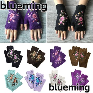 Blueming2 ถุงมือถัก เปิดนิ้วหัวแม่มือ ลายดอกไม้ ผึ้ง ให้ความอบอุ่น แฟชั่นฤดูหนาว