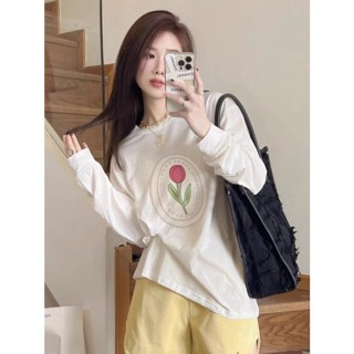 เสื้อยืดแขนยาว ผ้าฝ้ายแท้ พิมพ์ลาย สีขาว เข้ากับทุกการแต่งกาย ระดับไฮเอนด์ สําหรับผู้หญิง GH0D