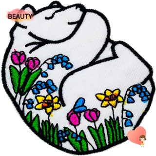 Beauty แผ่นแพทช์ปักลายหมีขาว ดอกไม้ ขั้วโลก สีขาว 6*7.5 ซม. สไตล์วินเทจ สําหรับกางเกงยีน