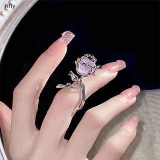 เครื่องประดับ แหวนแต่งงาน สร้อยข้อมือ ประดับคริสตัล สีม่วง ดอกกุหลาบ แบบเปิด สามารถปรับได้ สีเงิน สไตล์วินเทจ สําหรับผู้หญิง
