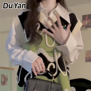 Du Yan เสื้อกันหนาว คอวี ผ้าถัก สองชิ้น ขนาดเล็ก สีตัดกัน สไตล์เกาหลี สําหรับนักเรียน