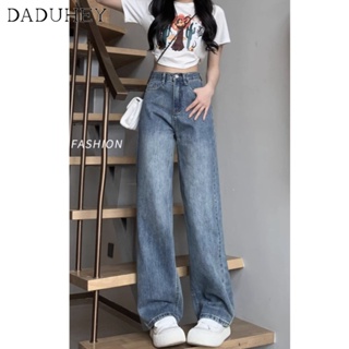 DaDuHey🎈 Womens Korean Style High Waist Jeans Straight New Washed Fashion Wide Leg Loose Mop Dropping Pants