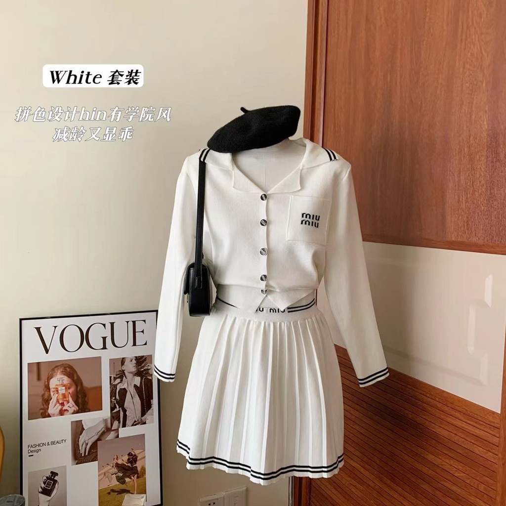 rmnv-miu-miu-23-autumn-and-winter-new-letter-printing-lapel-knitwear-pleated-skirt-fashion-suit-college-style-sweet