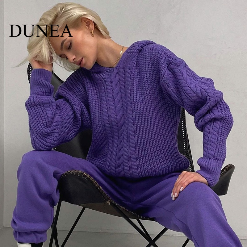 dunea-เสื้อกันหนาว-มีฮู้ด-แขนยาว-ผ้าถัก-แฟชั่นสําหรับผู้หญิง