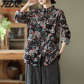Thhone เสื้อเบลาส์ลําลอง แขนยาว คอปก ผ้าฝ้าย ผ้าลินิน พิมพ์ลาย Blusa Mujer Camisas ทรงหลวม โอเวอร์ไซซ์ สไตล์วินเทจ แฟชั่นฤดูใบไม้ร่วง สําหรับสตรี 2023