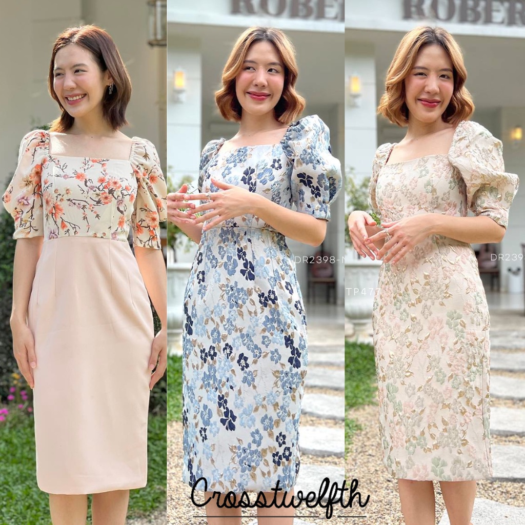 dr2398-sweet-floral-dress-เดรสผ้าแจกการ์ดอัดกาว-ลายดอกแขนจั๊มตุ๊กตา