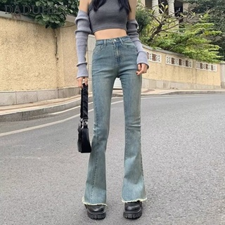 DaDuHey🎈 Ins Womens New Light Blue Korean Style All-Matching Slim High Street Ins Fashion Design Sense Bootcut Pants Stretch Fitted Elastic Mop Jeans