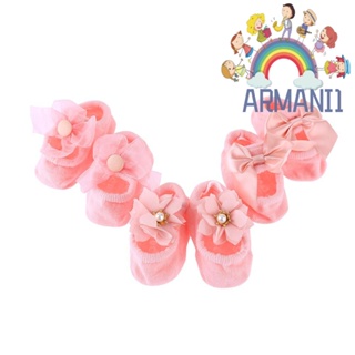 [armani1.th] ถุงเท้าผ้าฝ้าย กันลื่น ประดับโบว์ ลายดอกไม้ สีชมพู สําหรับเด็กผู้หญิง 3 คู่ ต่อล็อต