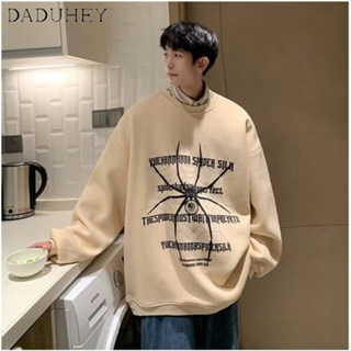 DaDuHey🔥 Mens 2023 Fashion Loose Spider Print Long Sleeve Top American Style Fashion Brand Thin All-Matching round Neck Sweater